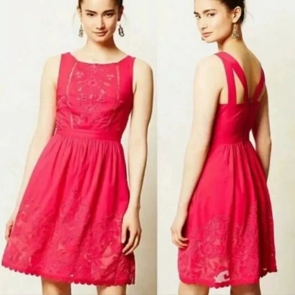 Moulinette Soeurs 'Rhododendron' Hot Pink A-line Cotton Lace Sundress, Size 6